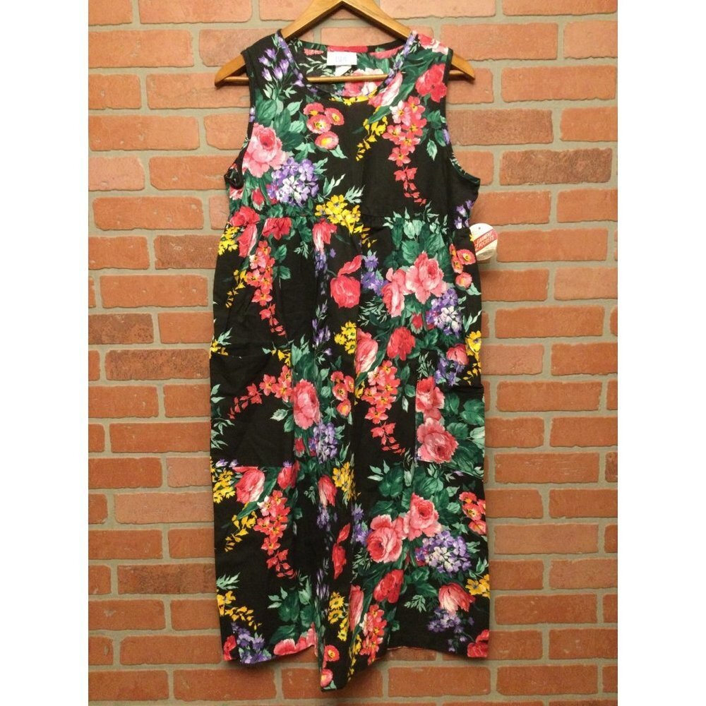 Vintage NWT Sleeveless Dark Floral Midi Dress Empire Waist Size M Pockets Fairy